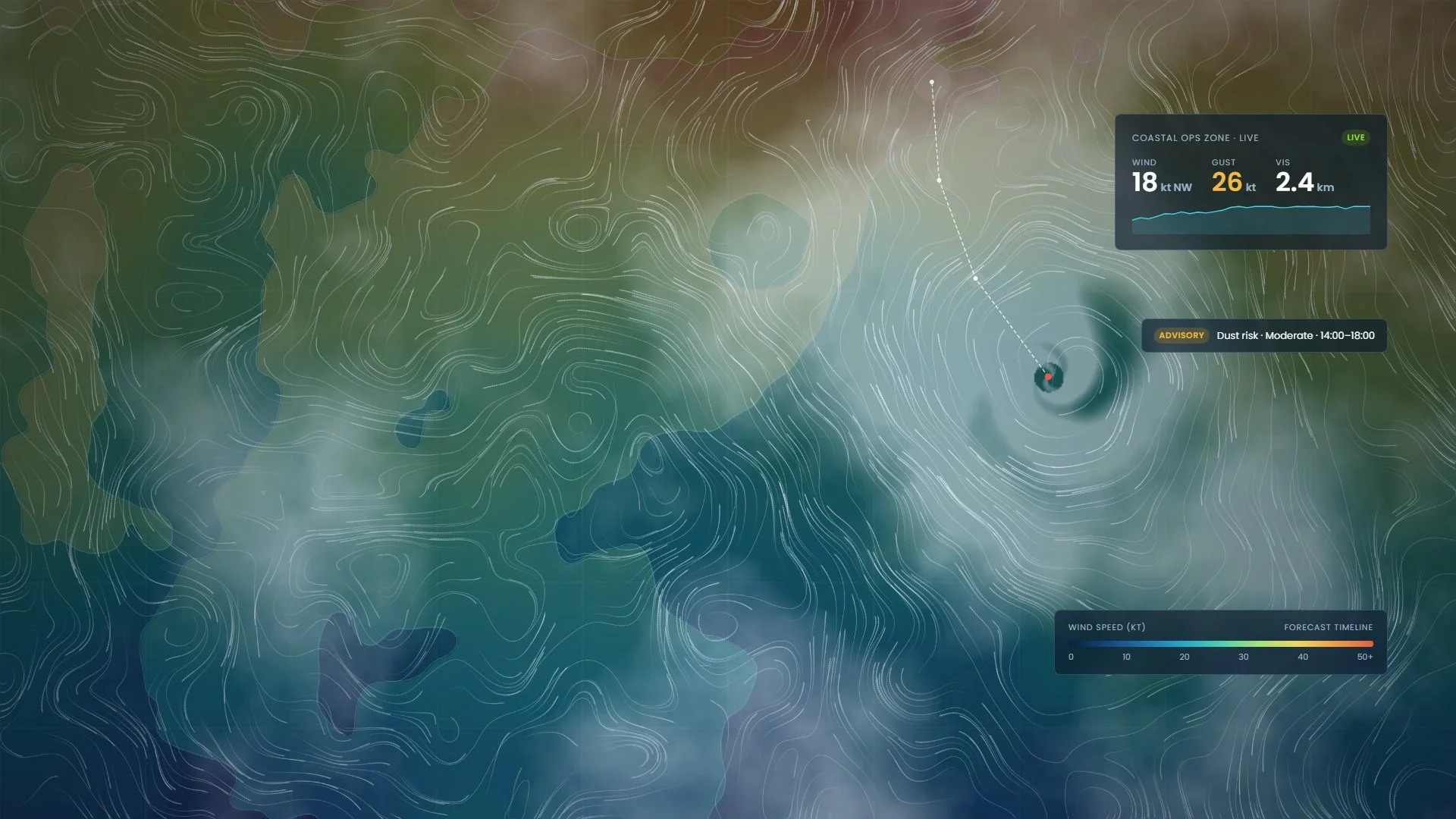Weather map showing wind flow and a storm system