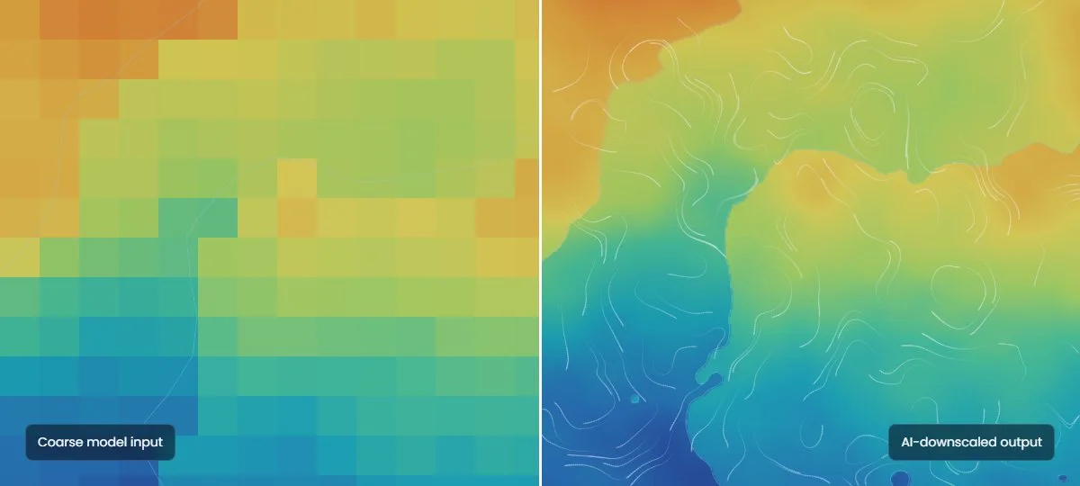 Comparison of a coarse forecast field and a high-resolution AI-downscaled field