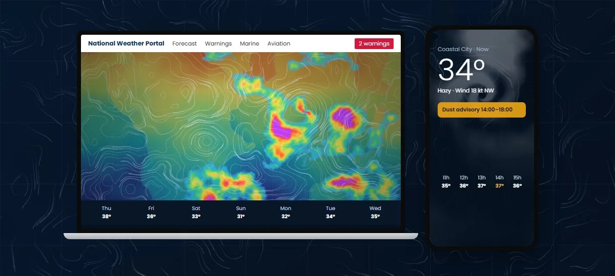 Weather portal and mobile weather app on a laptop and phone