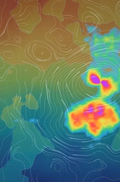 Weather map combining temperature, rainfall and wind layers