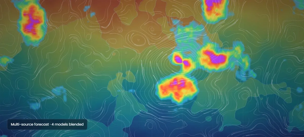Weather map combining temperature, rainfall and wind layers