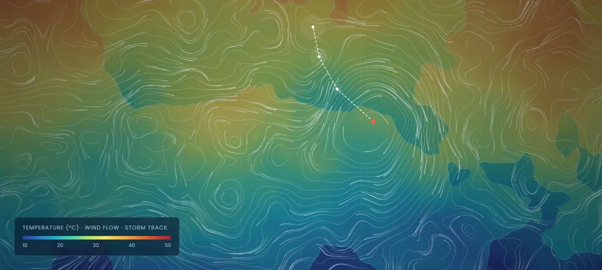 Weather map with temperature, wind flow and a storm track
