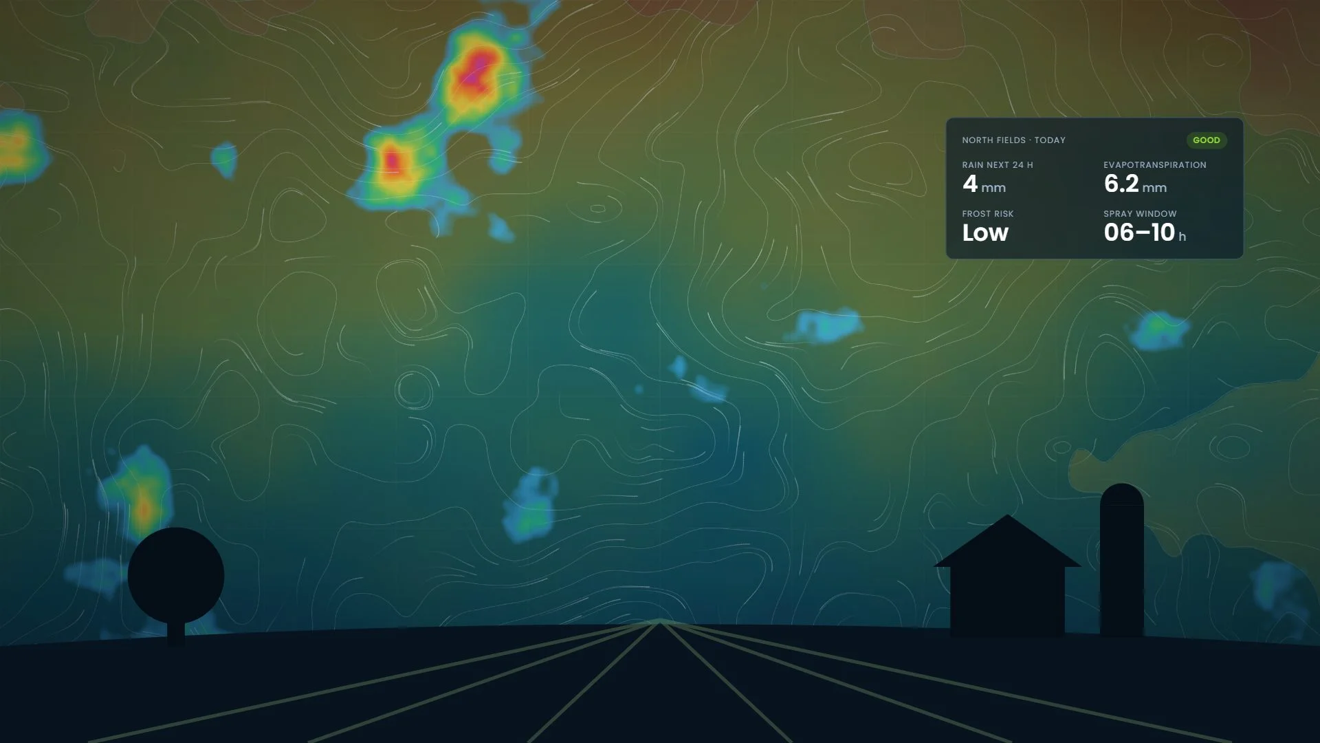 Farmland at dusk with a weather forecast overlay