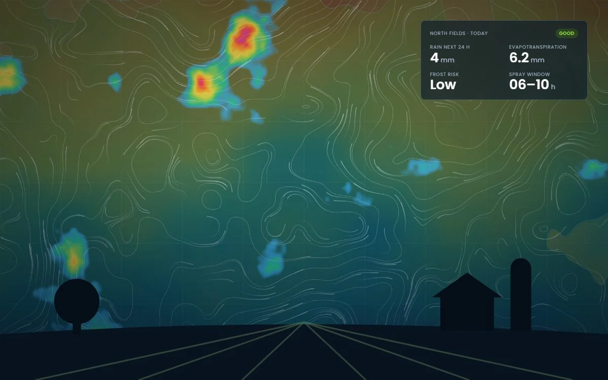 Farmland at dusk with a weather forecast overlay
