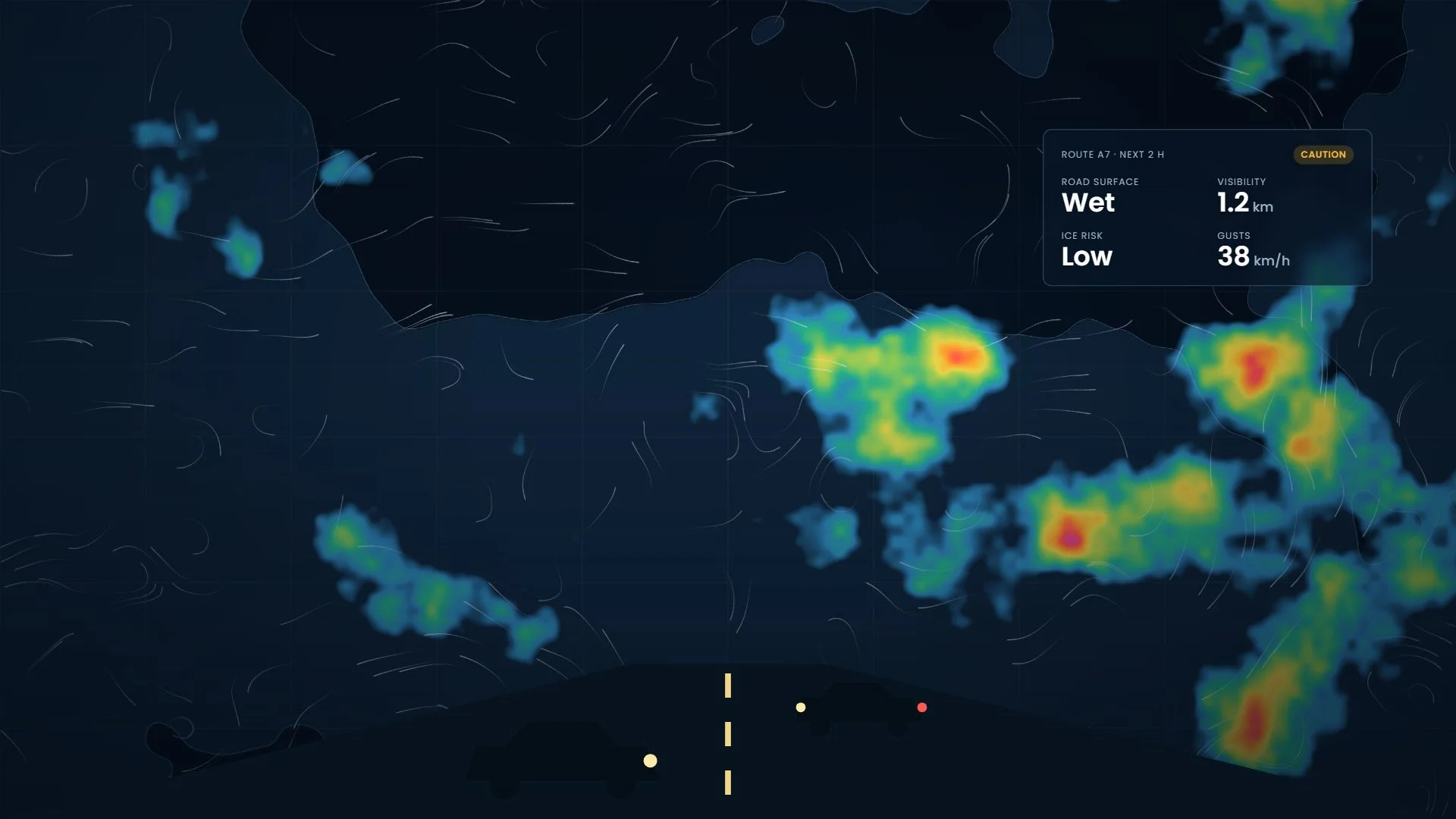 Cars on a road at night with road weather readings