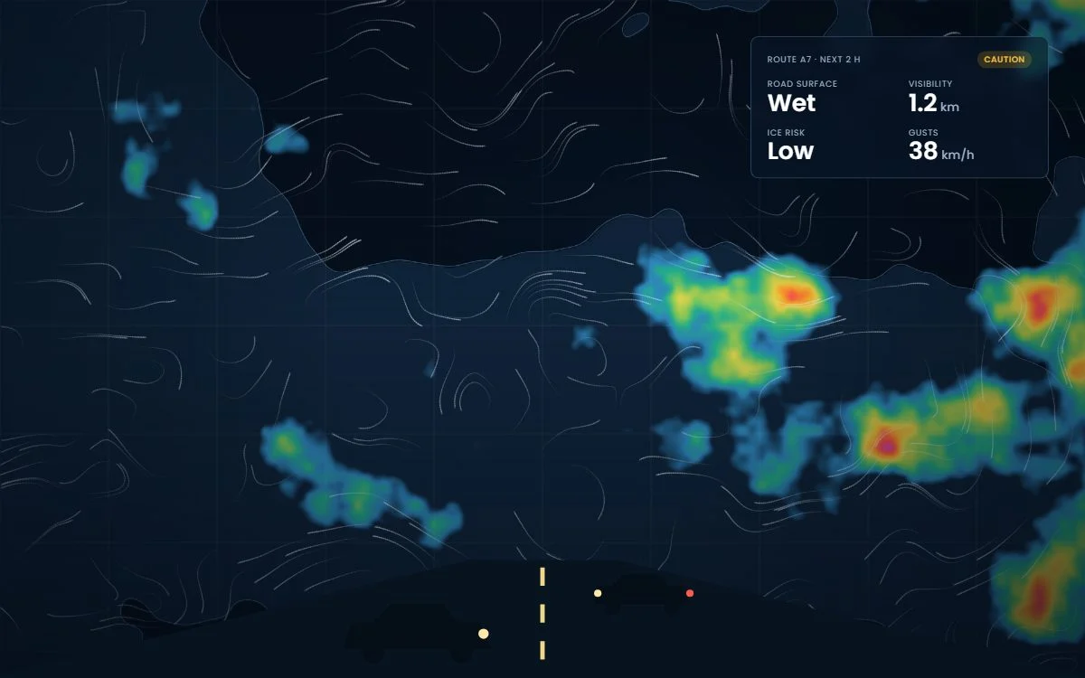 Cars on a road at night with road weather readings