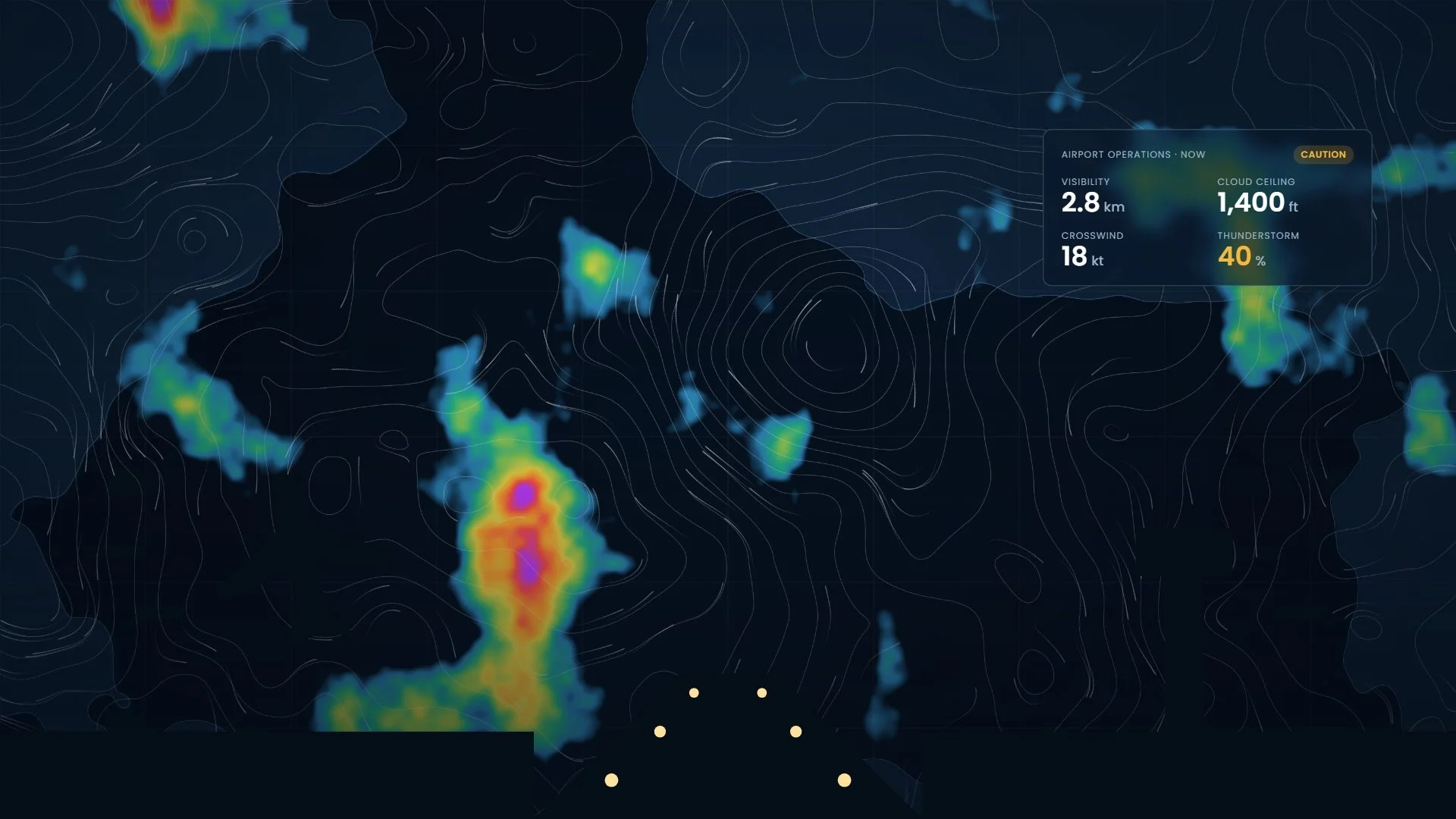 Airport runway with weather radar and operational readings
