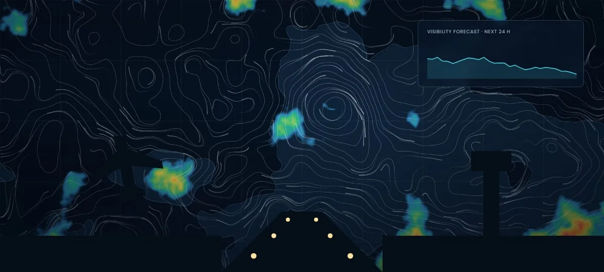 Airport weather dashboard showing visibility and runway wind