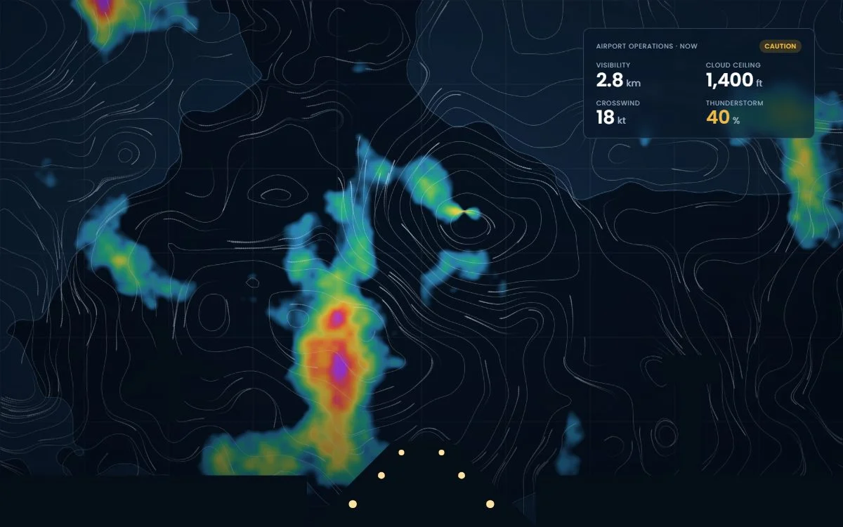 Airport runway with weather radar and operational readings