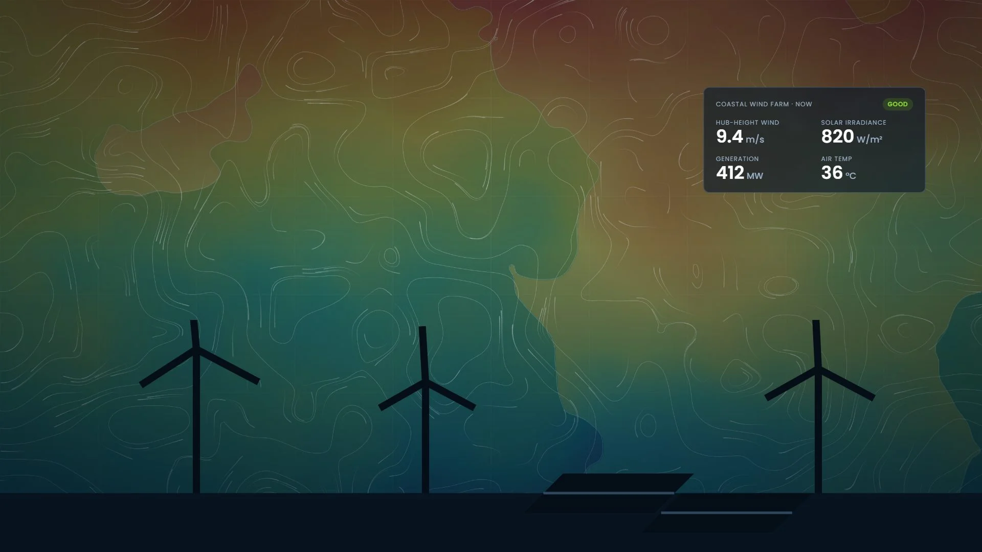 Wind farm with a weather forecast overlay and generation readings