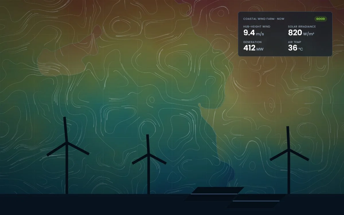 Wind farm with a weather forecast overlay and generation readings