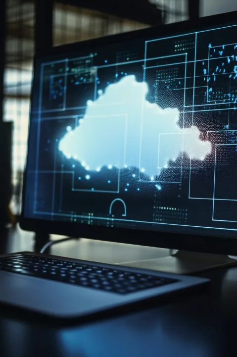 Close-up of a computer screen showing a digital map of a country, with glowing data points and grid patterns.