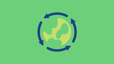Recycling symbol with a globe in the center on a green background.