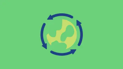 Recycling symbol with a globe in the center on a green background.