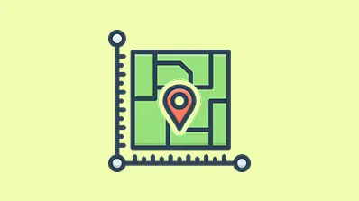 Map with a location pin and measurement lines on a yellow background.