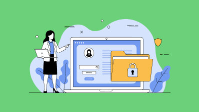 Illustration of a woman standing next to a laptop with a secure login screen and a locked folder icon.