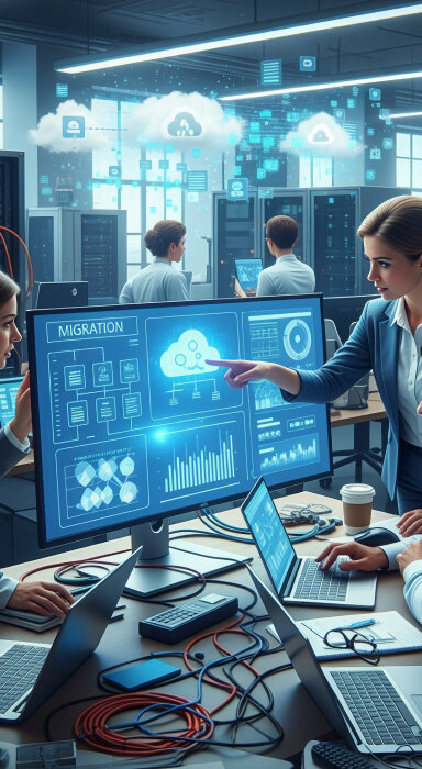 Illustration of server racks with arrows representing data transfer between servers and the cloud.