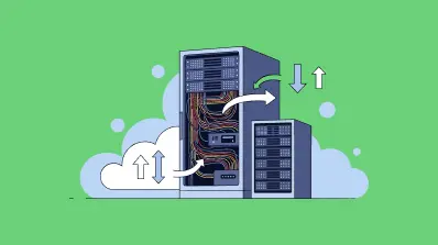 Illustration of server racks with arrows representing data transfer between servers and the cloud.
