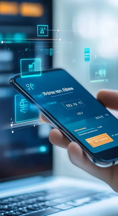 Illustration of a person working on a laptop with code on a screen, surrounded by digital elements and gears.