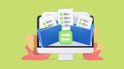computer with folders containing check-marked documents and arrows indicating file transfer.