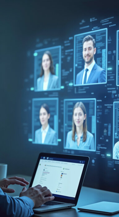 Illustration of a person on a video call with three participants displayed on the screen.