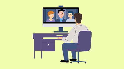 Illustration of a person on a video call with three participants displayed on the screen.