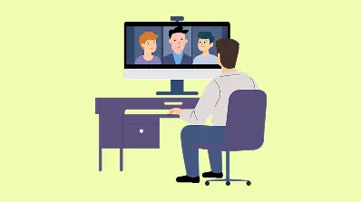 Illustration of a person on a video call with three participants displayed on the screen.