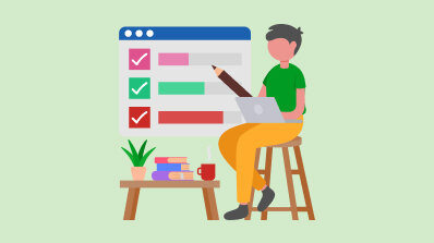 Illustration of a person sitting on a stool, working on a laptop with a to-do list and checkboxes in the background.