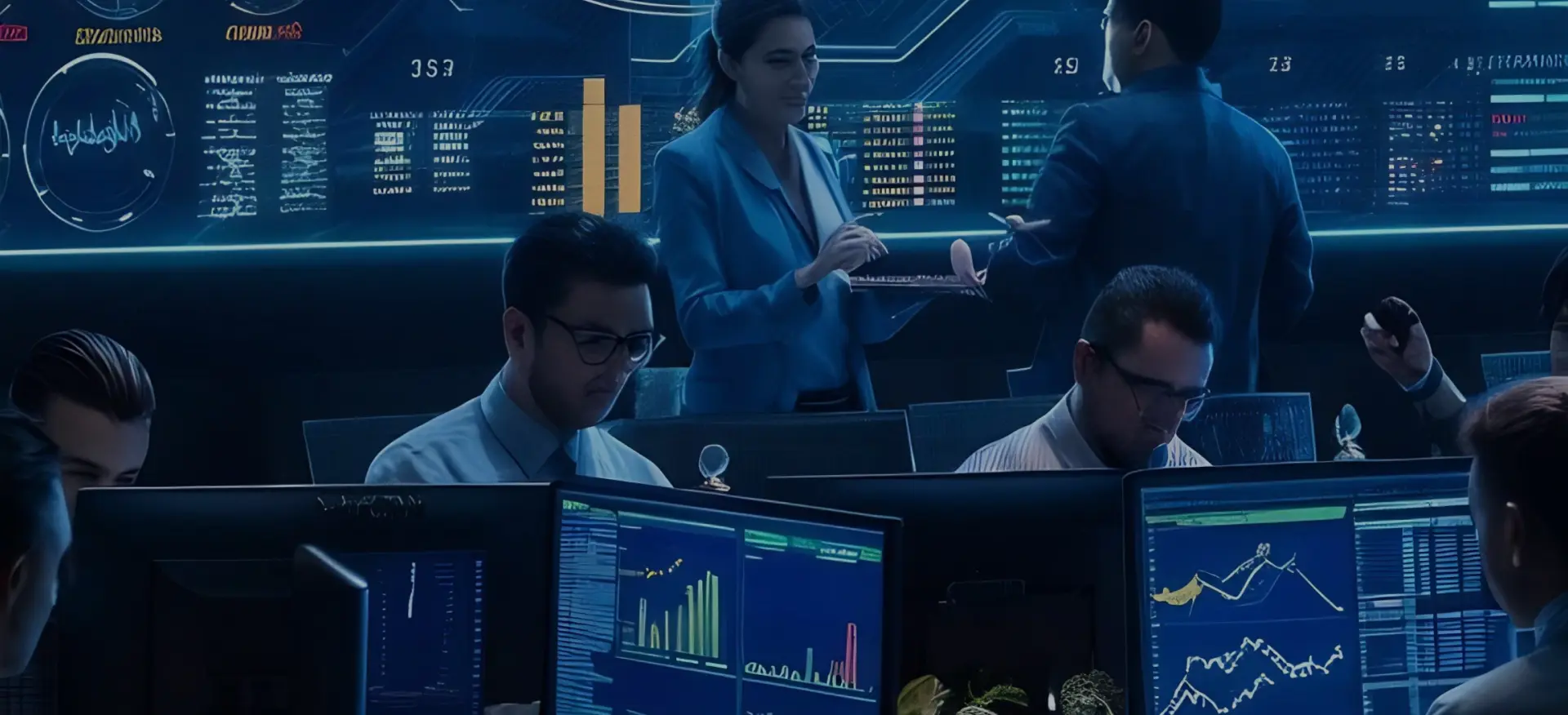 Team of professionals working in a high-tech office, analyzing data on multiple screens with charts and graphs.