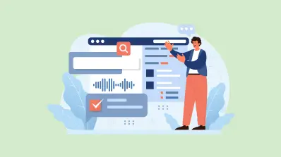 Illustration of a person interacting with a search interface, with options for text, voice, and checkboxes.