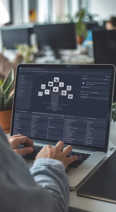 Illustration of two people interacting with gears, lightbulbs, and growth symbols representing teamwork and innovation.