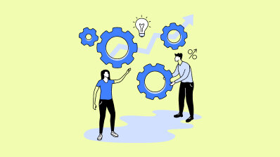 Illustration of two people interacting with gears, lightbulbs, and growth symbols representing teamwork and innovation.