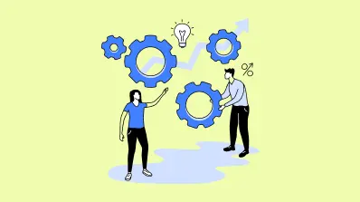 Illustration of two people interacting with gears, lightbulbs, and growth symbols representing teamwork and innovation.