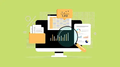 Illustration of a computer screen with data analysis, graphs, charts, documents, and a magnifying glass.