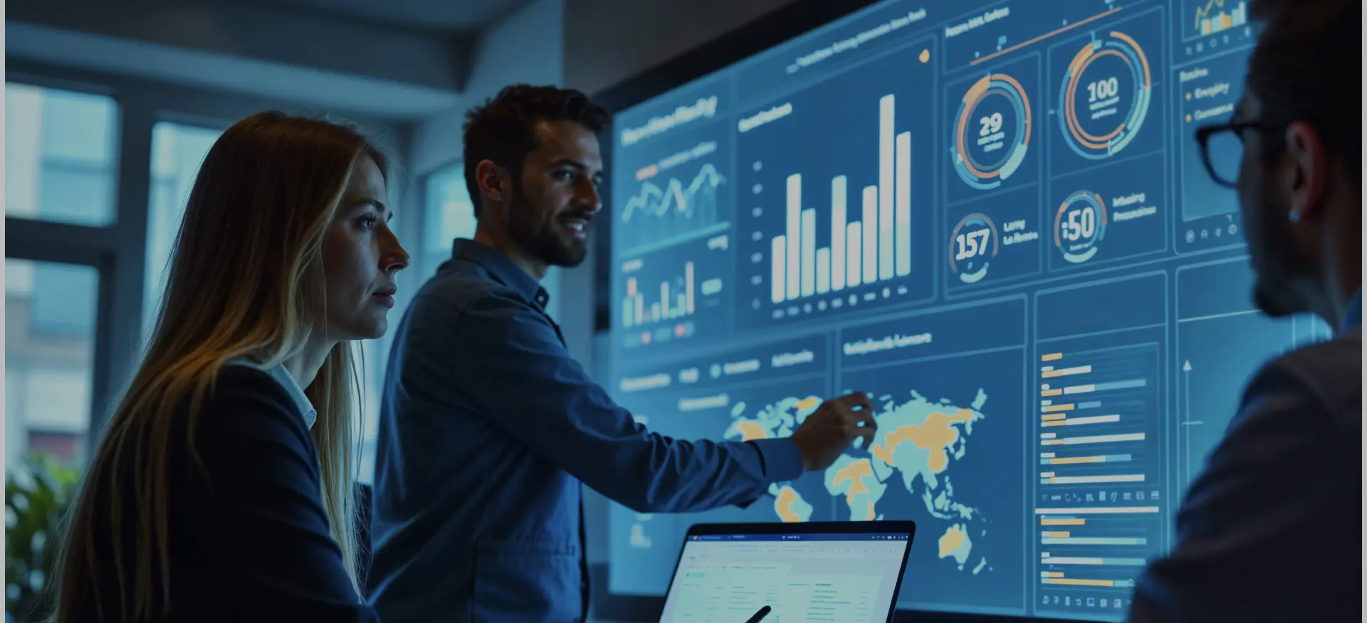 Three professionals analyzing data visualizations on a large digital screen in a modern office.