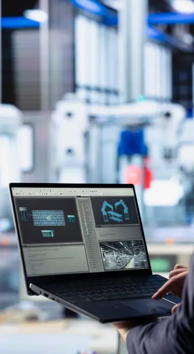 Illustration of a person interacting with a computer screen displaying AI elements and user profiles.