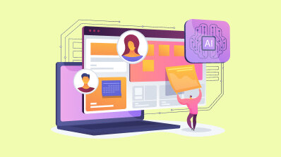 Illustration of a person interacting with a computer screen displaying AI elements and user profiles.