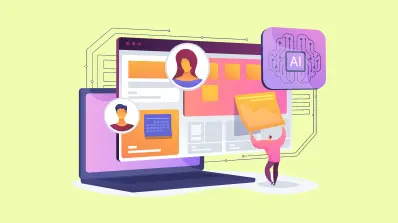 Illustration of a person interacting with a computer screen displaying AI elements and user profiles.