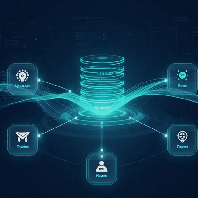 Futuristic data visualization with a central database and interconnected icons representing analytics, finance, and users.