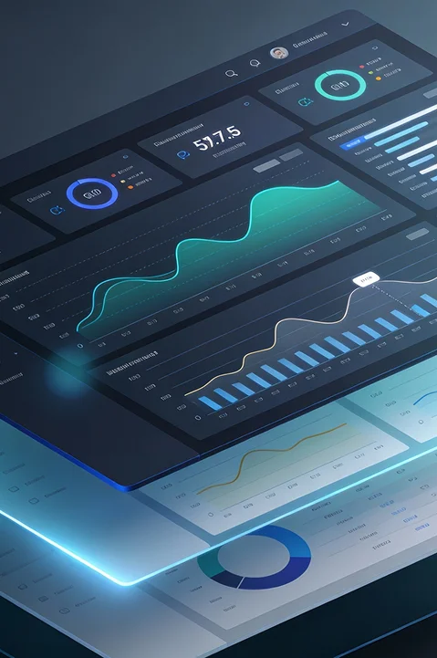 Close-up of a futuristic data dashboard showing various graphs, charts, and metrics in a 3D interface.