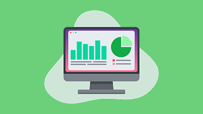 Illustration of a computer displaying bar charts and a pie chart representing data analysis.