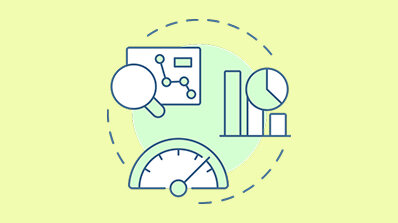 Illustration of various data analysis tools including a magnifying glass, charts.