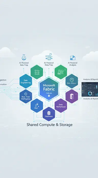 Illustration of a data flow process with charts, gears, and databases representing data transformation and analysis.