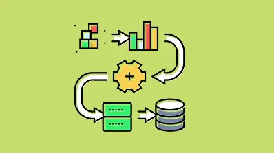 Illustration of a data flow process with charts, gears, and databases representing data transformation and analysis.