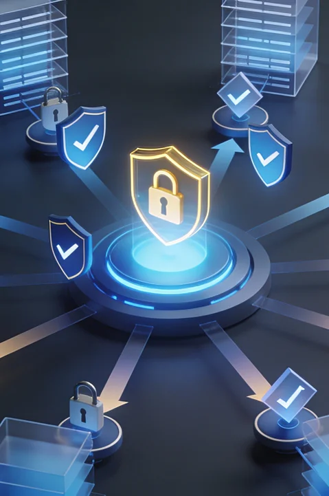 digital network with locks and shields representing secure data flow and protection.