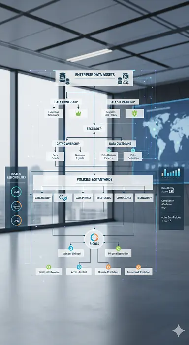 3D illustration of cloud storage with labels for ownership, stewardship, policies, and decision rights.