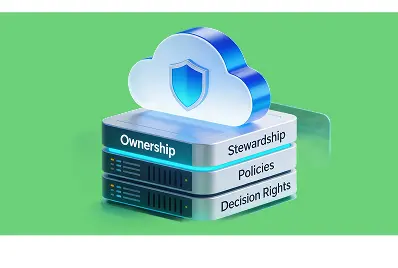 3D illustration of cloud storage with labels for ownership, stewardship, policies, and decision rights.