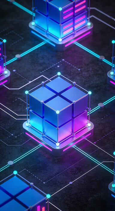 Abstract illustration with overlapping colorful shapes and lines, representing data or connections