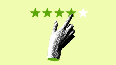 Illustration of a hand selecting a star on a rating system with green stars and one unfilled.