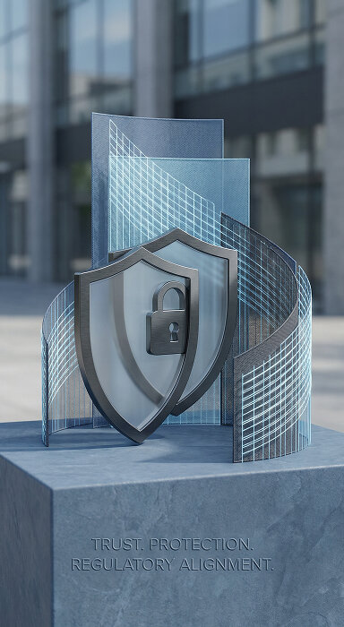 Illustration of a person next to a computer screen displaying icons for fingerprint authentication, security check, and a shield.